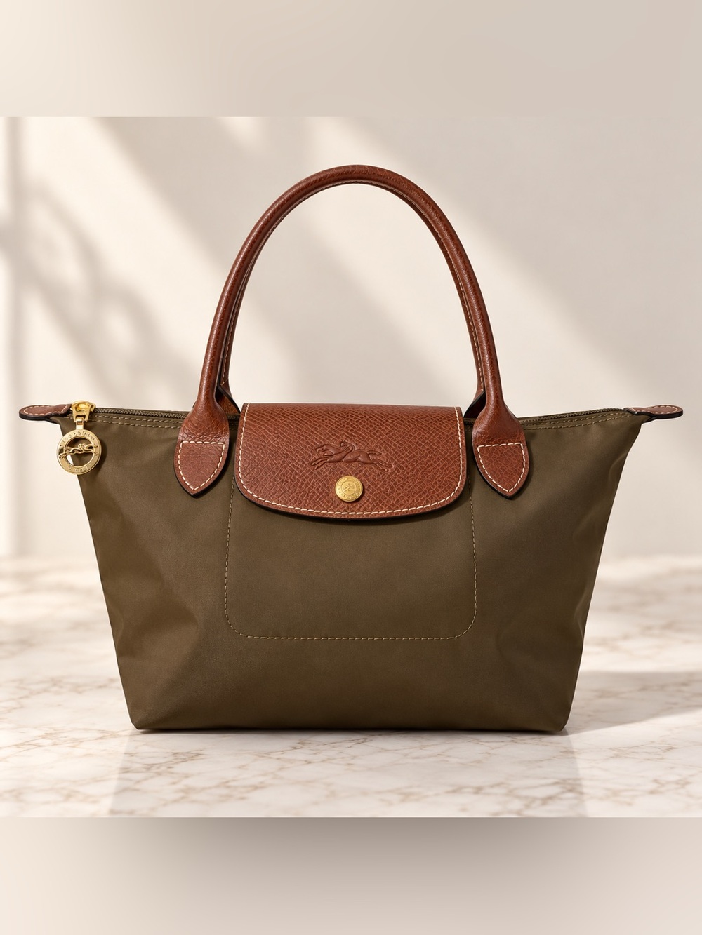 Longchamp Le Pliage Small Tote Bag in Olive Green with Brown Leather